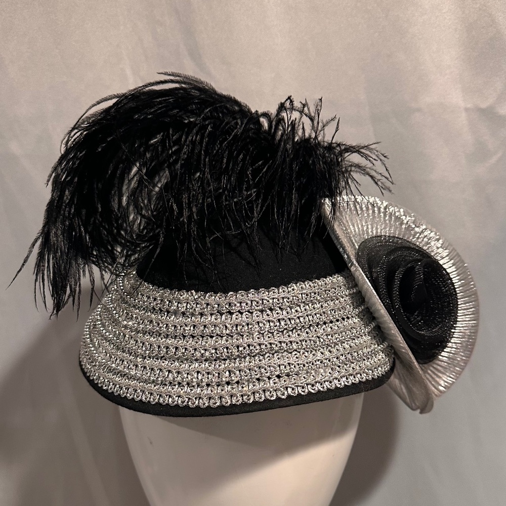 Vintage 80s Black and Silver Women's Wool Hat with Ostrich Plume Made in USA